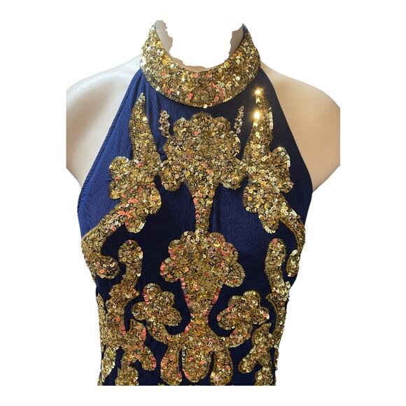 Frances Valentine M Goddess High Neck Open Back Formal Dress Blue Gold Sequin - Picture 4 of 8